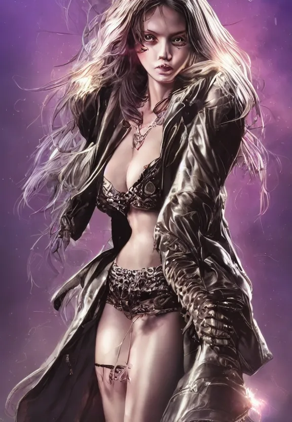 Prompt: full body illustration of a girl with eyes that burn like cigarettes wearing a mini skirt and a long jacket with fingernails that shine like justice, dramatic lighting, photorealistic, full body portrait, detailed anatomy, extreme detail, 4 k, colorful, confident, character concept art by artgerm and ben lo, octane render, detailed face, f / 2. 8