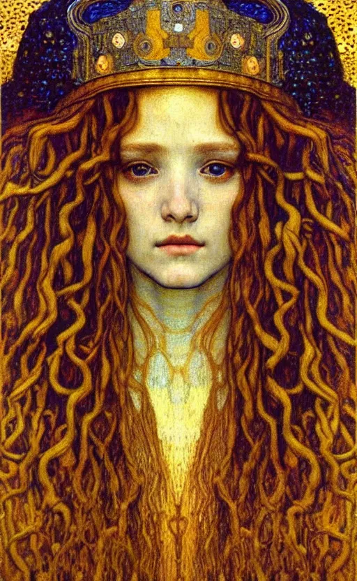 Image similar to detailed realistic beautiful young medieval queen face portrait by jean delville, gustav klimt and vincent van gogh, art nouveau, symbolist, visionary, gothic, pre - raphaelite, muted earthy colors, desaturated