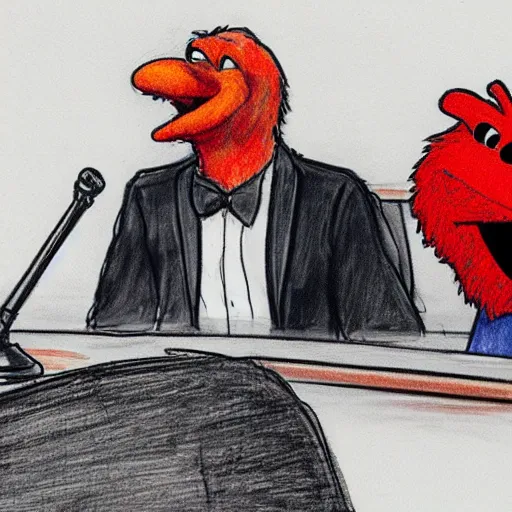 Image similar to elmo testifying in court, being defended by saul goodman, courtroom sketch