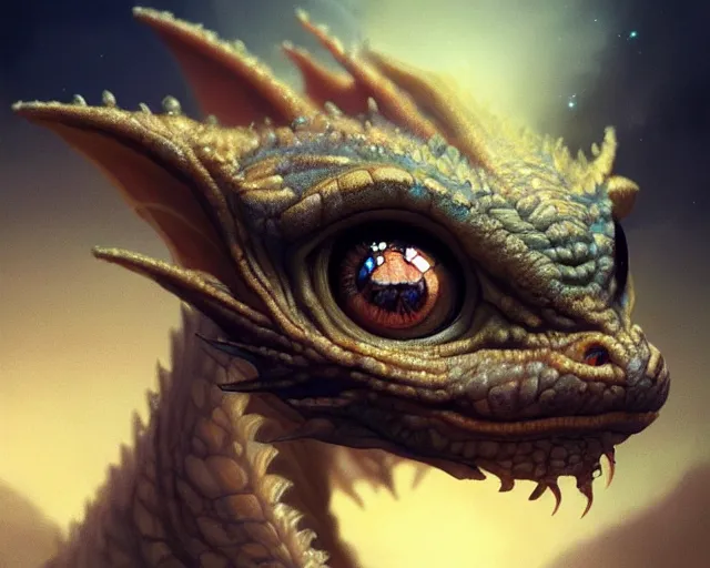 Prompt: digital painting of beautiful cute little baby dragon with huge eyes and long eyelashes gazing into the camera, medium shot, intricate, highly detailed, fractals, rendered in blender, octane, artstation, greg rutkowski, muchas, artgerm