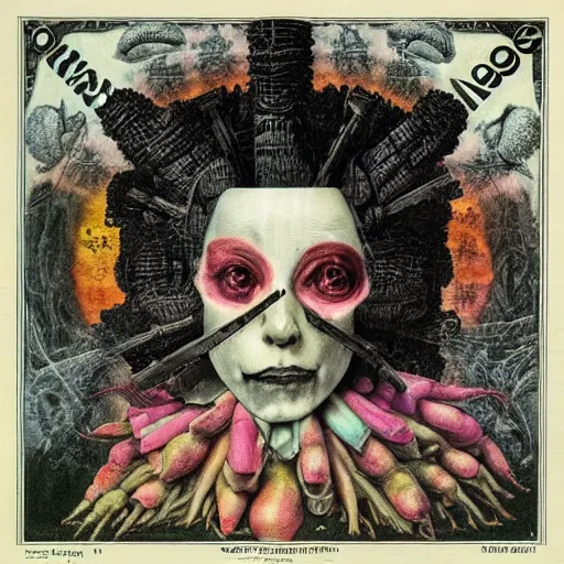 Image similar to post - punk new age album cover, asymmetrical design, dollar bank notes, capitalism, magic, apocalypse, psychedelic, black white pink, magic, giger h. r., giuseppe arcimboldo