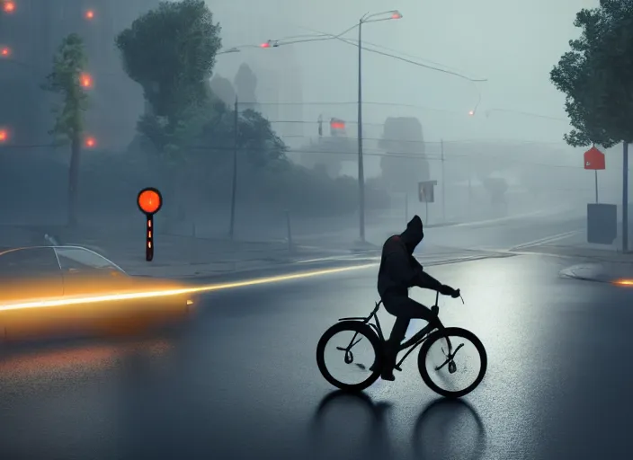 Prompt: uber eats delivery driver on a bicycle, mega details, greg rutkowski, orange lights, heavy rain, fog, beautiful rtx reflections, photorealistic, unreal engine 5, octane render, volumetric light, cg society, 4 k, bokeh, artstation