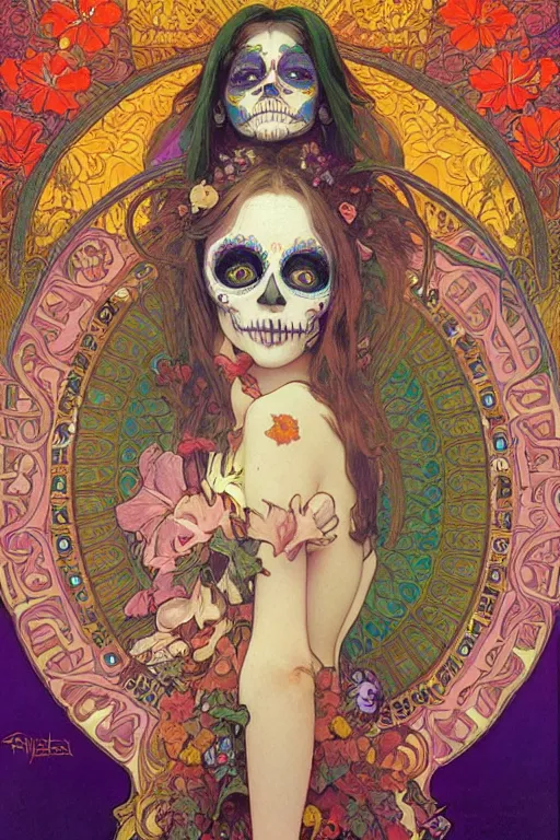 Image similar to realistic detailed psychedelic poster art of a cute Día de los Muertos girl by Victor Moscoso Rick Griffin Alphonse Mucha Ayami Kojima Amano Charlie Bowater, masterpiece