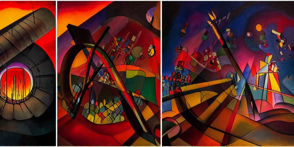 Image similar to trapped on a hedonic treadmill, dark uncanny surreal painting by ronny khalil, and kandinsky, dramatic lighting from fire glow, mouth of hell, ixions wheel