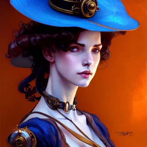 Prompt: a cinematic portrait scene female steampunk girl with a big hat, blue background, intricate, elegant, highly detailed, digital painting, artstation, concept art, smooth, sharp focus, illustration, art by artgerm and greg rutkowski and alphonse mucha