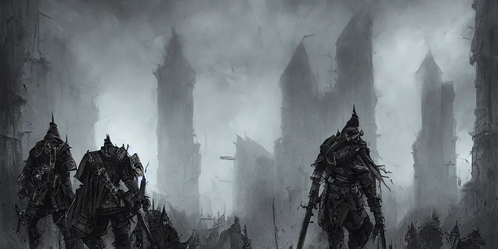 Image similar to grimdark fantasy fortress, trench crusade soldiers, terrifying architecture, looming, dark, fog, atmospheric cold lighting, dark souls, hyperrealistic, art by sparth