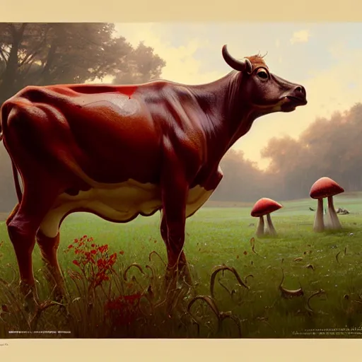 Image similar to many mushrooms sprouting from a cow's back. a cow with a red skin with white dots. highly detailed, digital painting, artstation, smooth, sharp focus, masterpiece, illustration, art by greg rutkowski and alphonse mucha