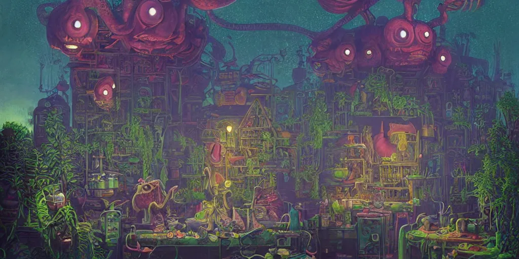 Image similar to a beautiful and highly detailed painting of an aaahh!!! Real Monsters apothecary by James Gurney and beeple | Unreal Engine: .4 | establishing shot | graphic novel, illustration: .5 | Tim White: .2