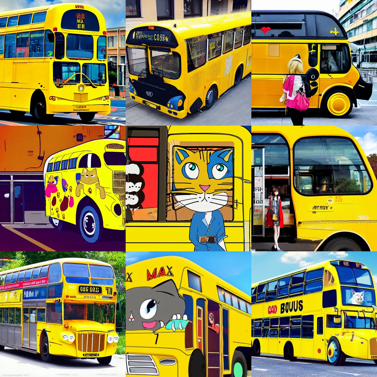 Prompt: mix cat and big yellow bus, anime