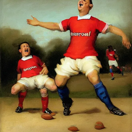 Prompt: a painting portrait of antropomorphic hot dogs in arsenal soccer jerseys playing football, happy, goya, kinkade