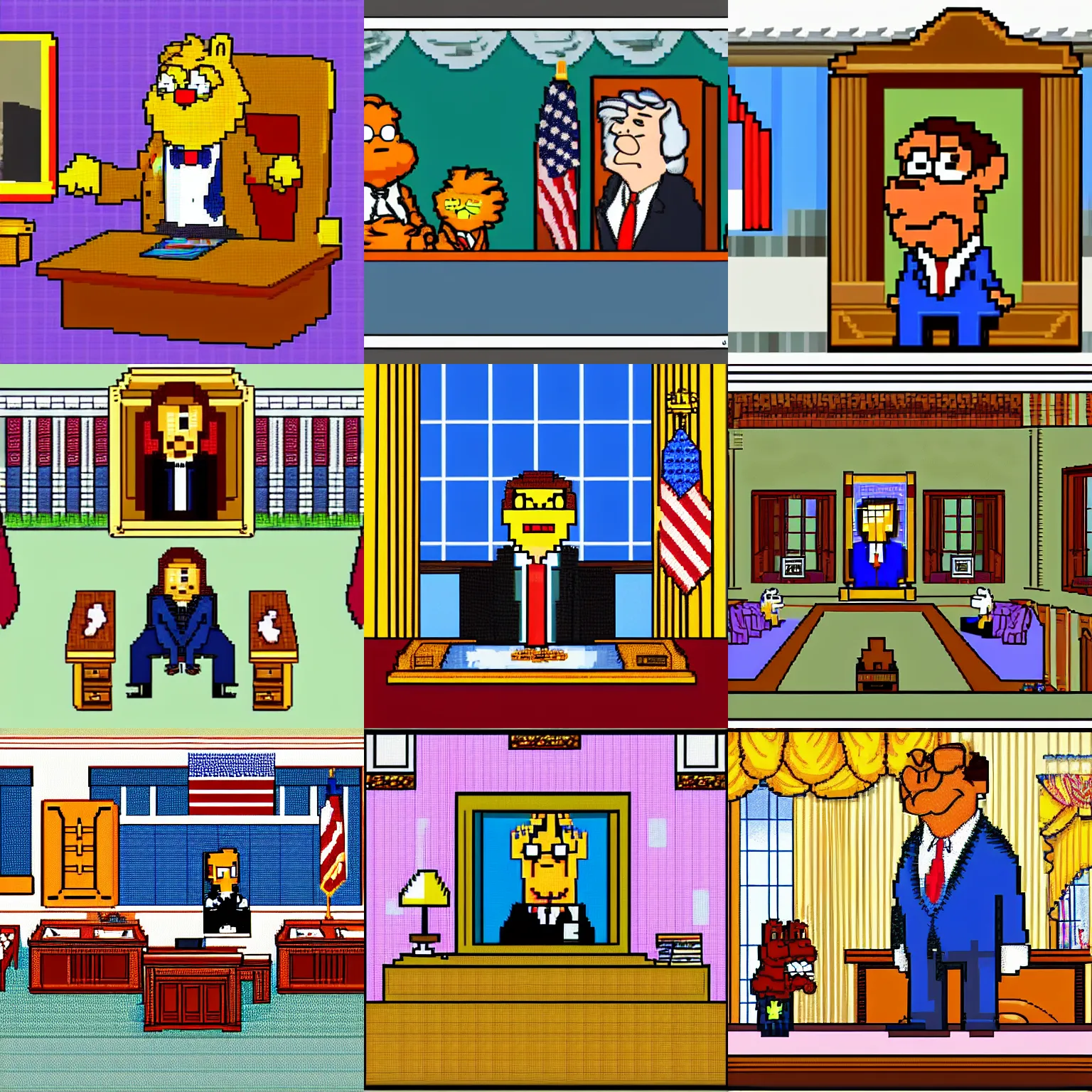 Prompt: Pixel Art of garfield as president in the oval office