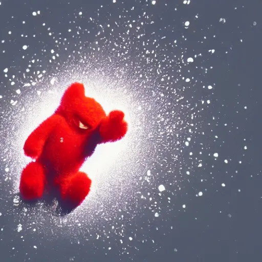 Image similar to a super cute red gummibear is exploding, extreme amount of particles, view from the front, macro lens, on a white table, white background