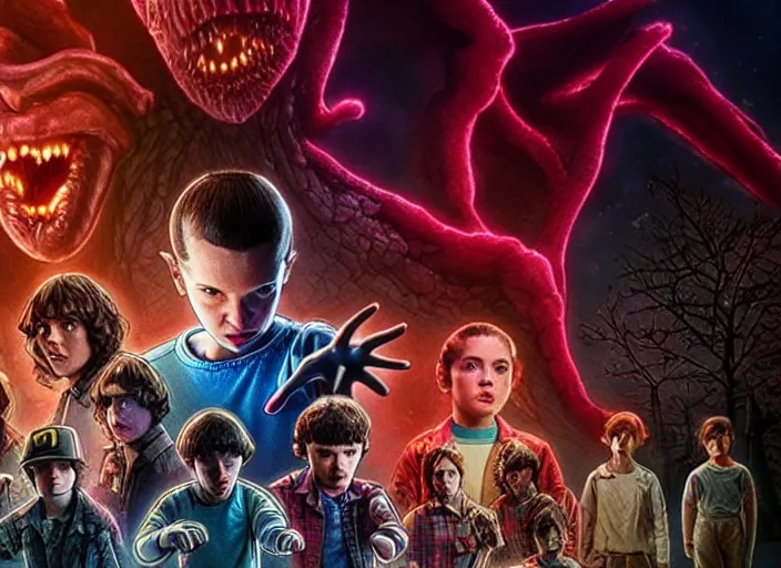 Prompt: film still of the demogorgon as eleven in the new stranger things movie, 4 k, highly detailed face, detailed eyes