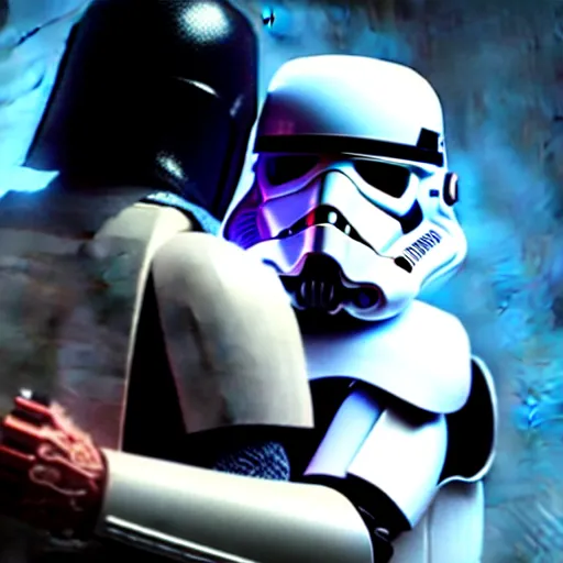 Image similar to stormtrooper hugging darth vader ultra realistic, lens flare, atmosphere, glow, detailed, intricate, full of colour, cinematic lighting, trending on artstation, 4 k, hyperrealistic, focused, extreme details, unreal engine 5, cinematic, masterpiece, ultra realistic, hyper realistic, highly detailed, sharp focus, digital art