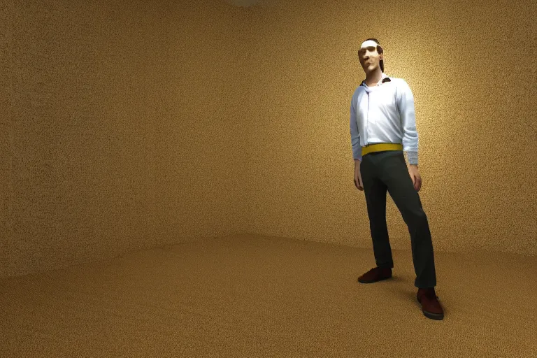 Image similar to 3 d render of jerma 9 8 5, jerma in endless halls of office space with worn light mono - yellow 7 0 s wallpaper, old moist carpet, and inconsistently - placed fluorescent lighting | liminal space | non - euclidean space | high octane | blender | 3 d render