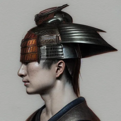 Prompt: side portrait of a young samurai warrior, samurai helmet, headshot, hyper realistic, pale skin, 4k, rule of thirds, extreme detail, detailed drawing, trending artstation, hd, fantasy, D&D, realistic lighting, by Alphonse Mucha, Greg Rutkowski, sharp focus, backlit, elegant