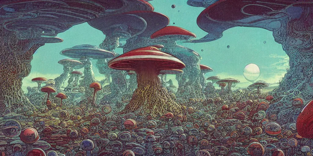 Prompt: 1970s sci-fi mushroom planet by Moebius and Mohrbacher, incredible atmosphere,