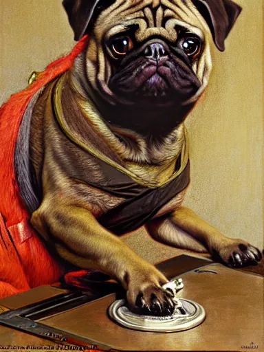 Image similar to a portrait of a man depicted as a brindle pug dogman canine, rupaul ’ s drag race, sitting in front of a sewing machine, explosions. highly detailed painting by gaston bussiere, craig mullins, j. c. leyendecker, furry