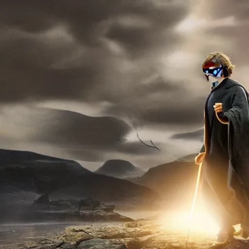 Image similar to Harry potter standing and holding a short wand, magic aura, side view, thunderclouds, cinematic shot, wide shot, epic scale, waving robe movement, photorealistic detail and quality, intricate cobblestone, floating rocks, particle effects, movie still, nighttime, crescent moon, sharp and clear, action shot, intense scene, visually coherent, symmetry, rule of thirds, movement, photorealistic colors, cool colors transitioning to warm colors, modest tone, award winning, directed by Steven Spielberg, Christopher Nolan, Tooth Wu, Asher Duran, artstation