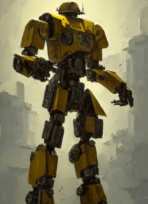 Prompt: human-sized strong intricate yellow pit droid, longsword and paladin shield, pancake flat head, exposed metal bones, painterly humanoid mecha, full body, sharp focus, cinematic, by Greg Rutkowski