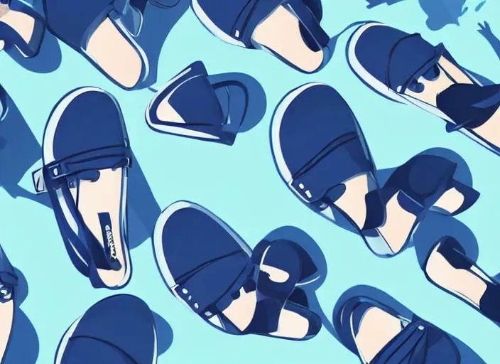 Image similar to a pair of navy blue crocs. sky blue background. clean cel shaded vector art. shutterstock. behance hd by lois van baarle, artgerm, helen huang, by makoto shinkai and ilya kuvshinov, rossdraws, illustration, art by ilya kuvshinov