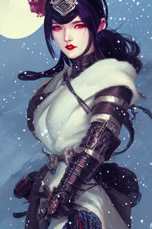 Image similar to portrait ninja gaiden girl, dieselpunk wardrobe, at snowy fuji mountain moonlight, fantasy, intricate and very beautiful and elegant, highly detailed, digital painting, artstation, concept art, smooth and sharp focus, cg by tian zi and wlop and alphonse mucha