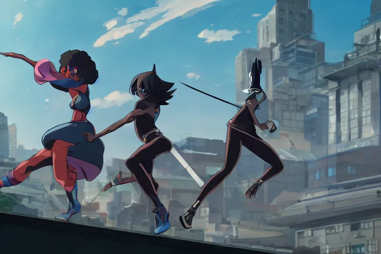 Image similar to a fierce young black female dressed as a ninja wearing a diamond is attacking an powerful goddess on a harlem rooftop, highly detailed, 4lighting, anime scenery by Makoto shinkai