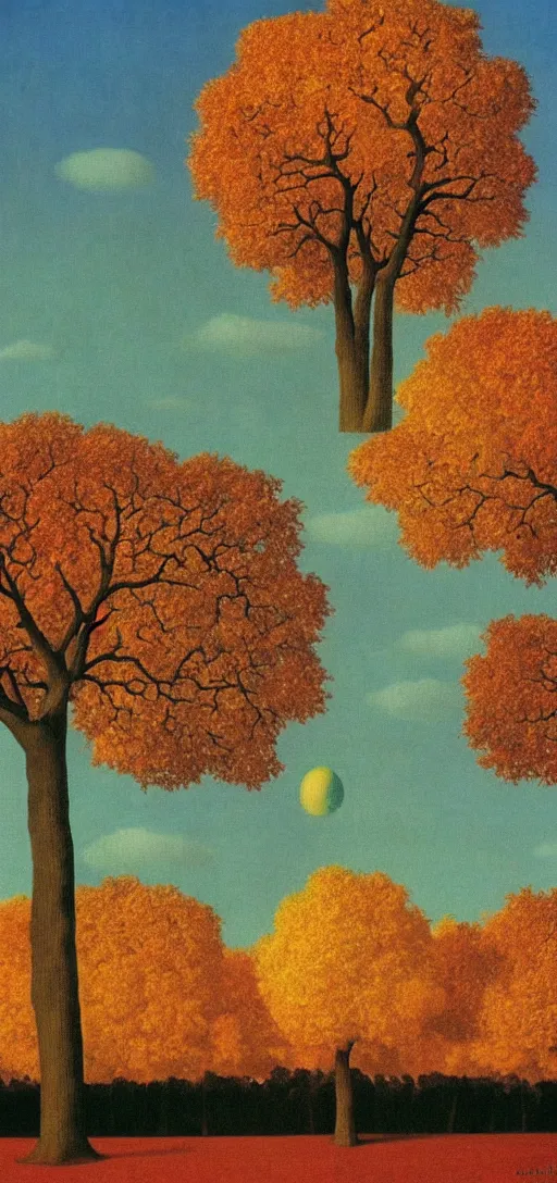 Image similar to Sunset on an autumn day in the park by Rene Magritte. Surreal. Fractal.