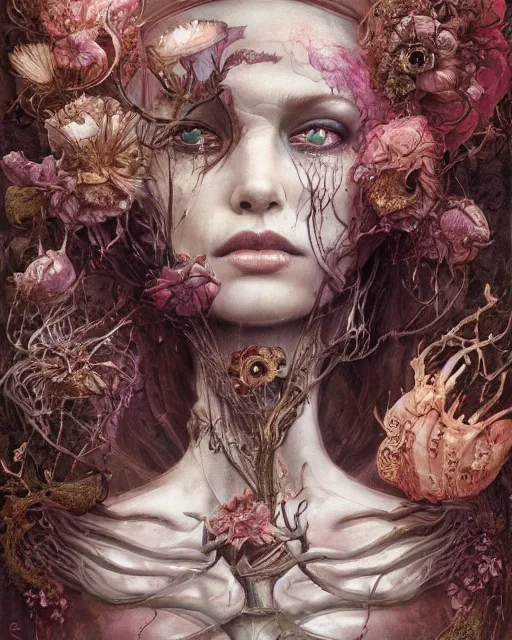 Prompt: a beautiful detailed front view portrait of a dead rotten princess with ornate growing around, ornamentation, flowers, elegant, beautifully soft lit, by wayne barlowe, peter mohrbacher, kelly mckernan