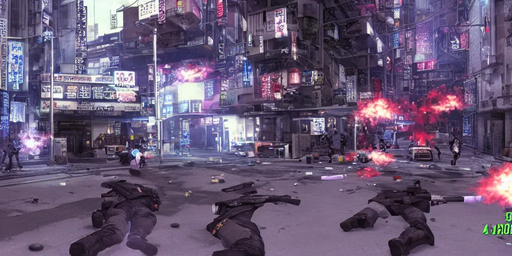 Image similar to 1998 Video Game Screenshot, Anime Neo-tokyo Cyborg bank robbers vs police, Set in Bank Vault Room, bags of money, Multiplayer set-piece, Police officers hit by bullets :5, Police Calling for back up, Bullet Holes and Blood Splatter, Smoke Grenades, Large Caliber Sniper Fire, Chaos, Cyberpunk, Money, Anime Bullet VFX, Machine Gun Fire, Violent Gun Action, Shootout, Payday 2, Highly Detailed, 8k :6 by Katsuhiro Otomo + Studio Gainax : 8