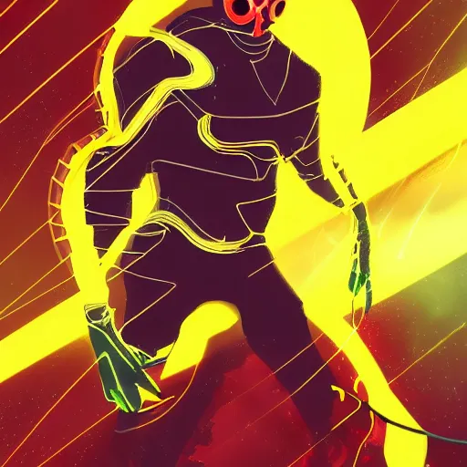 Prompt: Thin smooth transparent ethearal Sci-fi yellow Lightning elemental wearing red high-tech goggles shifting in and out of reality, heroic pose, full body, illustration, epic concept art, dark sci-fi background, action scene, dramatic artwork, surreal, flying, lightning