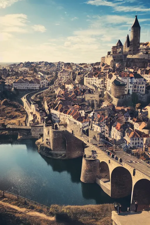 Image similar to a beautiful picture of overlook of medieval city, a girl stands on top of a bridge, detailed, 8 k