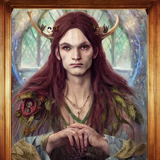 Prompt: An archfey from the Feywild sitting in their dining room alone, 8k resolution, oil painting, highly detailed