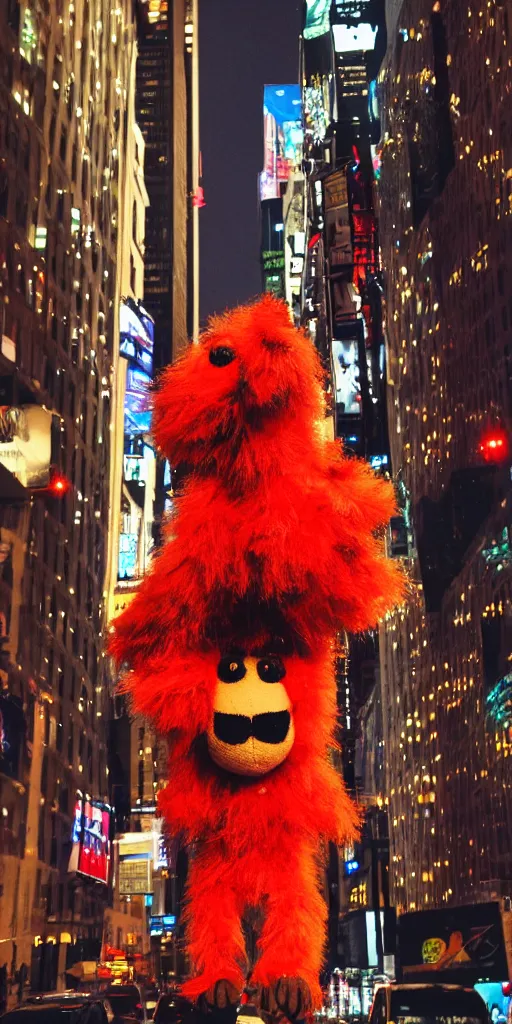 Image similar to fluffy puppet im new york at night with red lights as eyes