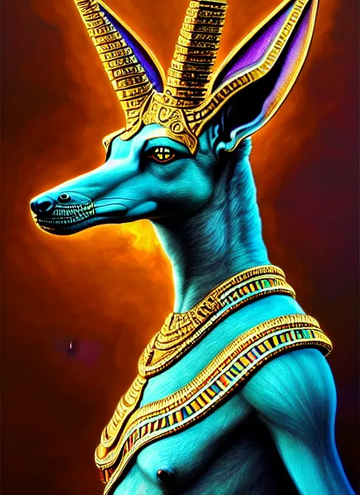 Image similar to enraged god anubis, snarling jackal with egyptian pharaoh headdress, ornate art nouveau botanicals, cyan and gold palette, fantasy, intricate, elegant, highly detailed, colorful, vivid color, digital painting, artstation, concept art, art by artgerm and greg rutkowski and ruan jia,