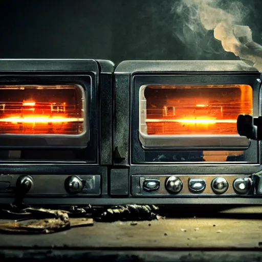 Image similar to head of toaster oven mecha, dark messy smoke - filled cluttered workshop, dark, dramatic lighting, orange tint, cinematic, highly detailed, sci - fi, futuristic, movie still