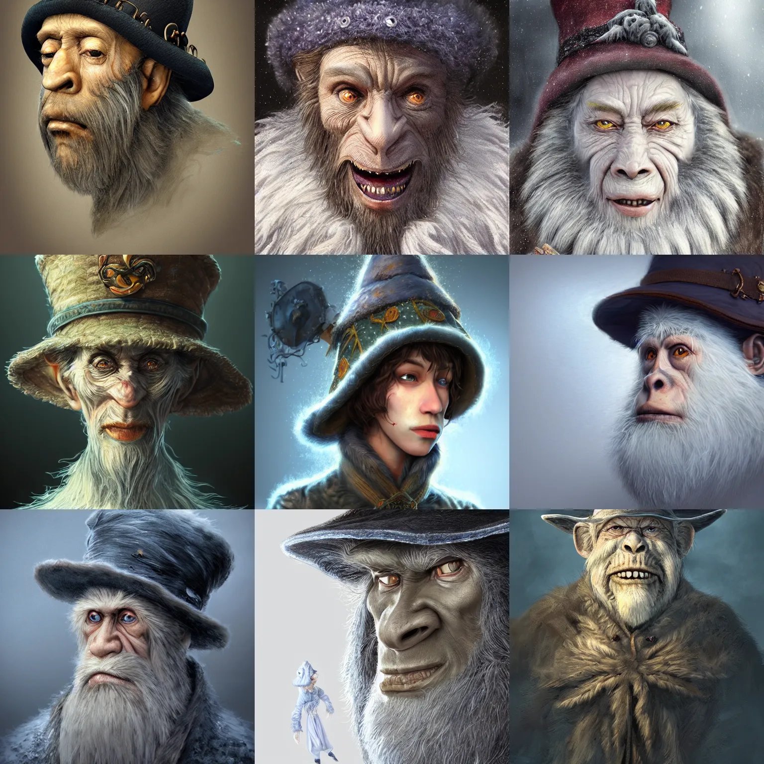 Prompt: a wlop 3 d render of very very very very highly detailed beautiful mystic portrait of a horror wind phantom ape mage with stylish hat and frosty background by anton pieck, intricate, extremely detailed, digital painting, artstation, concept art, smooth, sharp focus, illustration, intimidating lighting, incredible art,