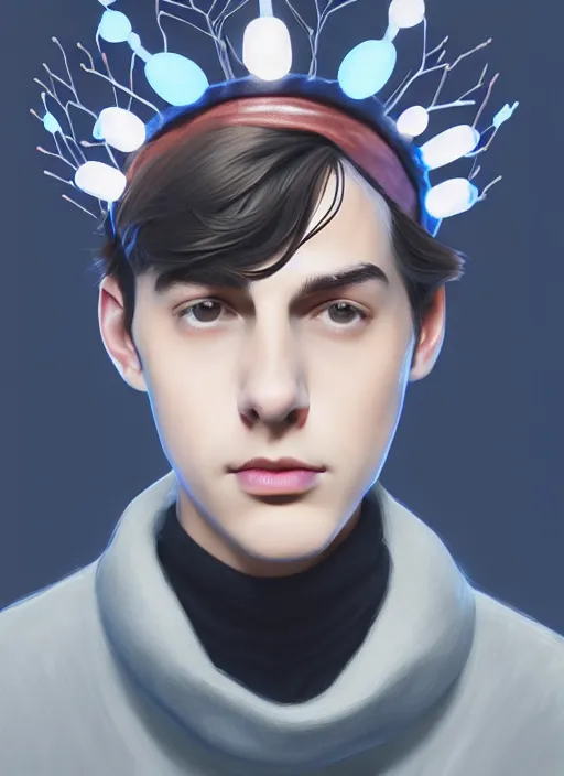 Image similar to portrait of teenage jughead jones wearing a light grey crown, crown, blue turtleneck, 1 9 5 0 s, closed eyes, photorealistic, black hair, glowing lighting, intricate, elegant, glowing lights, highly detailed, digital painting, artstation, concept art, smooth, sharp focus, illustration, art by wlop, mars ravelo and greg rutkowski