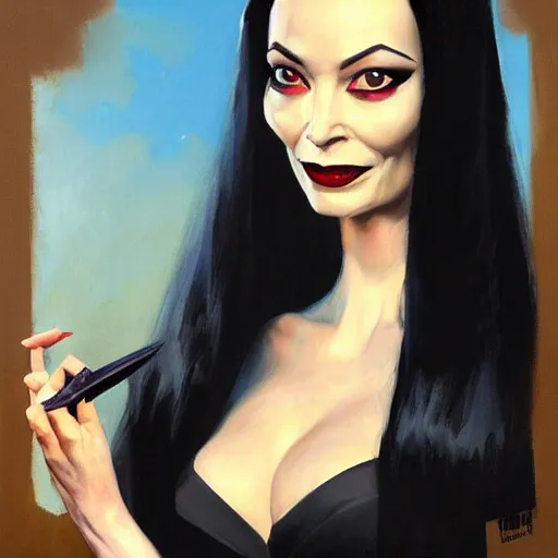 Image similar to greg manchess portrait painting of morticia from addams family as overwatch character, medium shot, asymmetrical, profile picture, organic painting, sunny day, matte painting, bold shapes, hard edges, street art, trending on artstation, by huang guangjian and gil elvgren and greg rutkowski