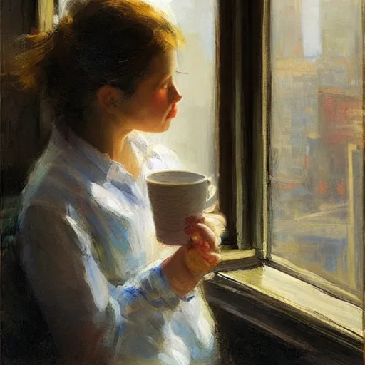 Image similar to “ girl holding a cup of coffee leaning out of a window overlooking the east village, morning light, by daniel gerhartz ”