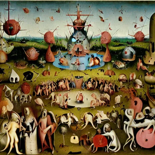 Image similar to additional characters from the garden of earthly delights by hieronymus bosch