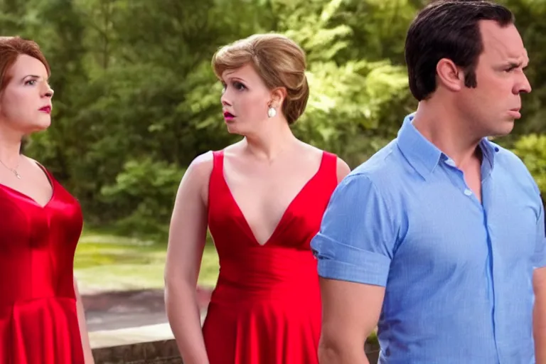 Image similar to full body film still of a man longingly looking at a distant woman in a red dress as a woman in a blue dress looks disgusted at the man in the new romance comedy movie, dramatic angle, dramatic lighting