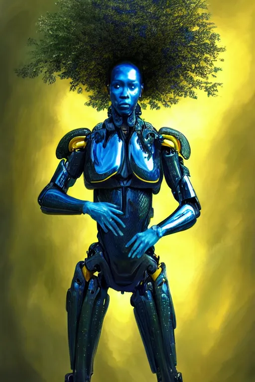 Image similar to hyperrealistic post - symbolism cinematic super expressive! black woman with exoskeleton armor, merging with tree in a forest, highly detailed digital art masterpiece, smooth cam de leon eric zener dramatic pearlescent soft blue yellow light, ground angle hd 8 k, sharp focus