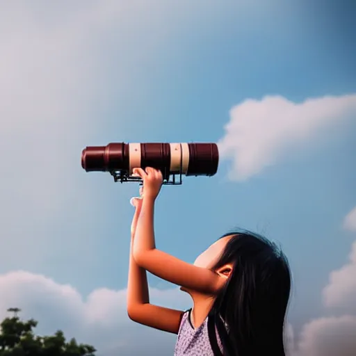 Prompt: an asian girl looking at the sky while having a chocolate ice cream canon eos 5 d mark iv