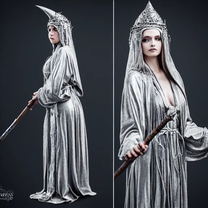 Prompt: photograph of a real-life beautiful moon witch with intricate silver robes and staff. Extremely detailed. 8k