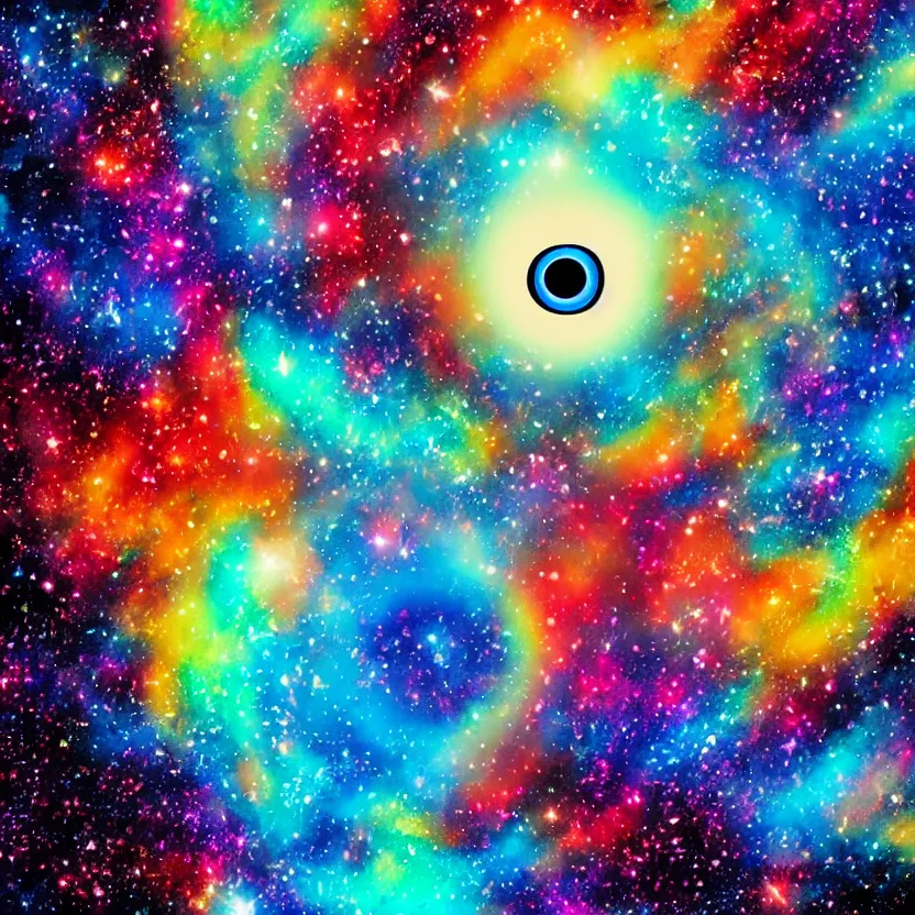 Prompt: blue evil eye floating in front of a colorful exploding nebula, art inspired by tim doyle, petros afshar