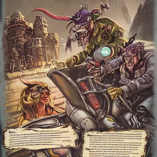 Image similar to dungeons and dragons, goblin outlaw gang on motorcycles, concept art, players handbook, very detailed, mechanic, schematic, illustration, stats