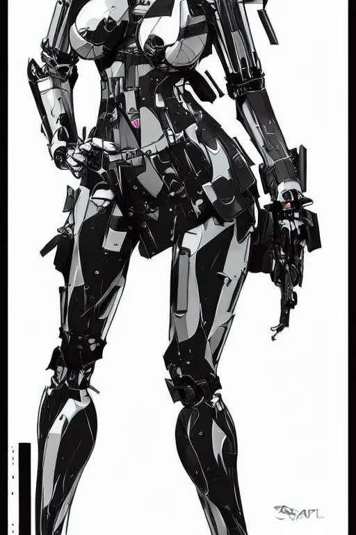 Image similar to feminine fashion robot character design by yoji shinkawa, sharp lines, highly detailed, full body shot