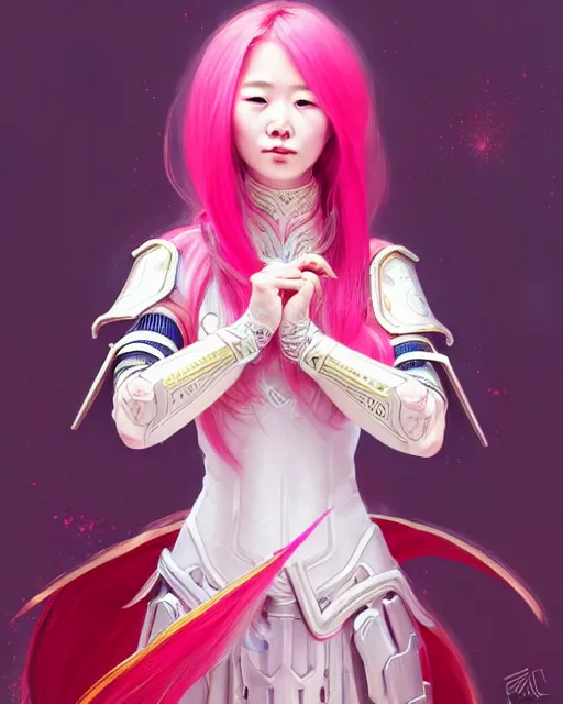 Prompt: Portrait of a korean girl with pink hair wearing a paladin armor with a red skirt and white top, face, fantasy, intricate, elegant, highly detailed, digital painting, artstation, concept art, smooth, sharp focus, illustration, art by Fernanda Suarez and Artem Demura and alphonse mucha