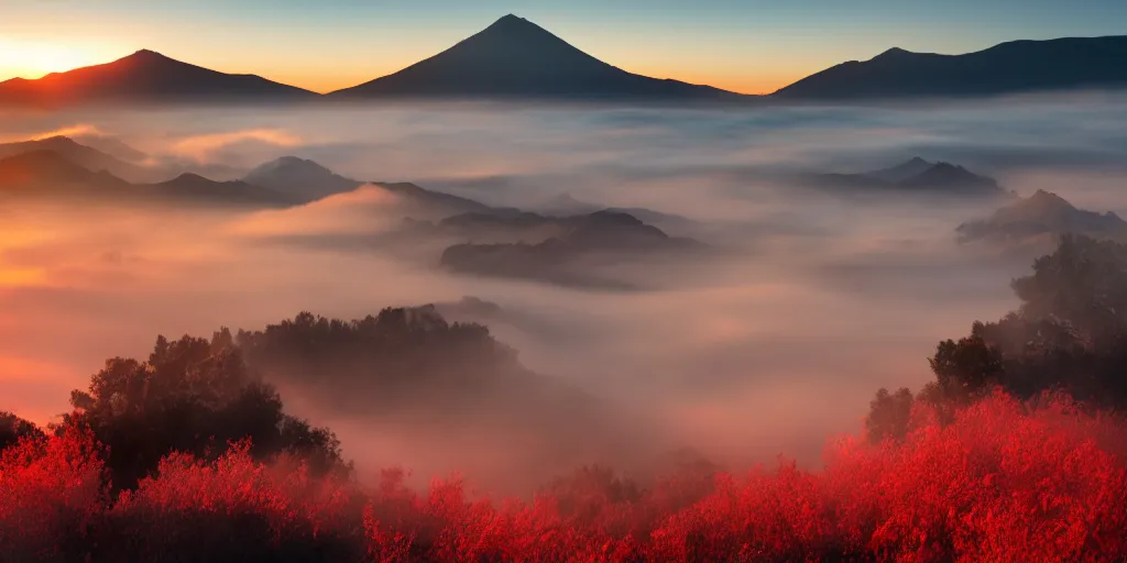 Prompt: landscape, mountains, low fog cover, volumetric lighting, sunrise, volcanoes, dawn, red tint